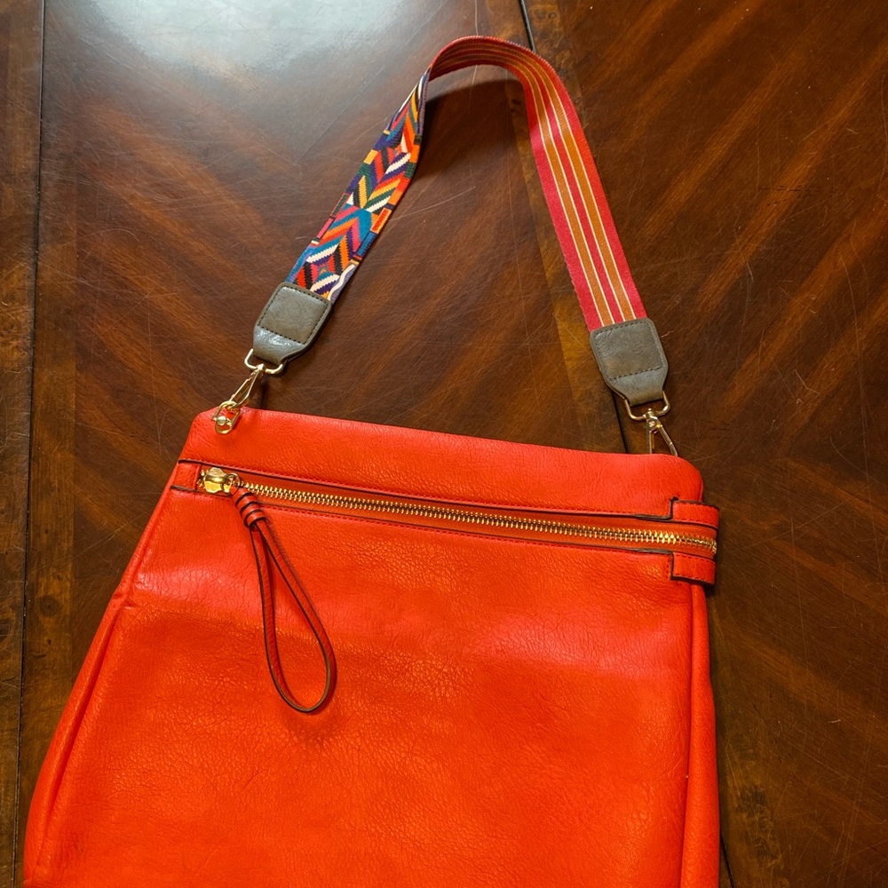 Vibrant Orange Shoulder Bag with Removable Patterned Strap - Picture 2 of 5
